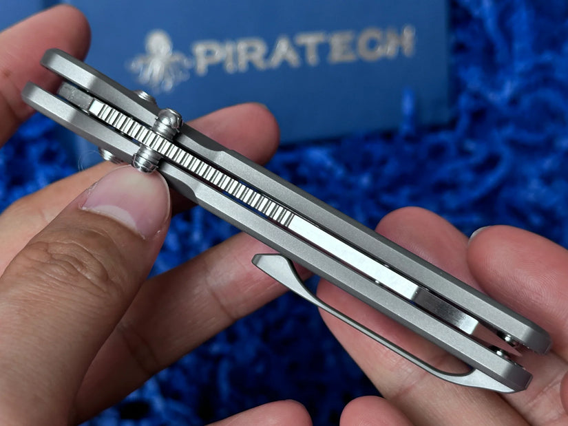Piratech Kraken/Tsunami - 3.22" S90V Hand Strip Satin Sheepsfoot Blade, Mag-Snap Bead Blasted Titanium Handles