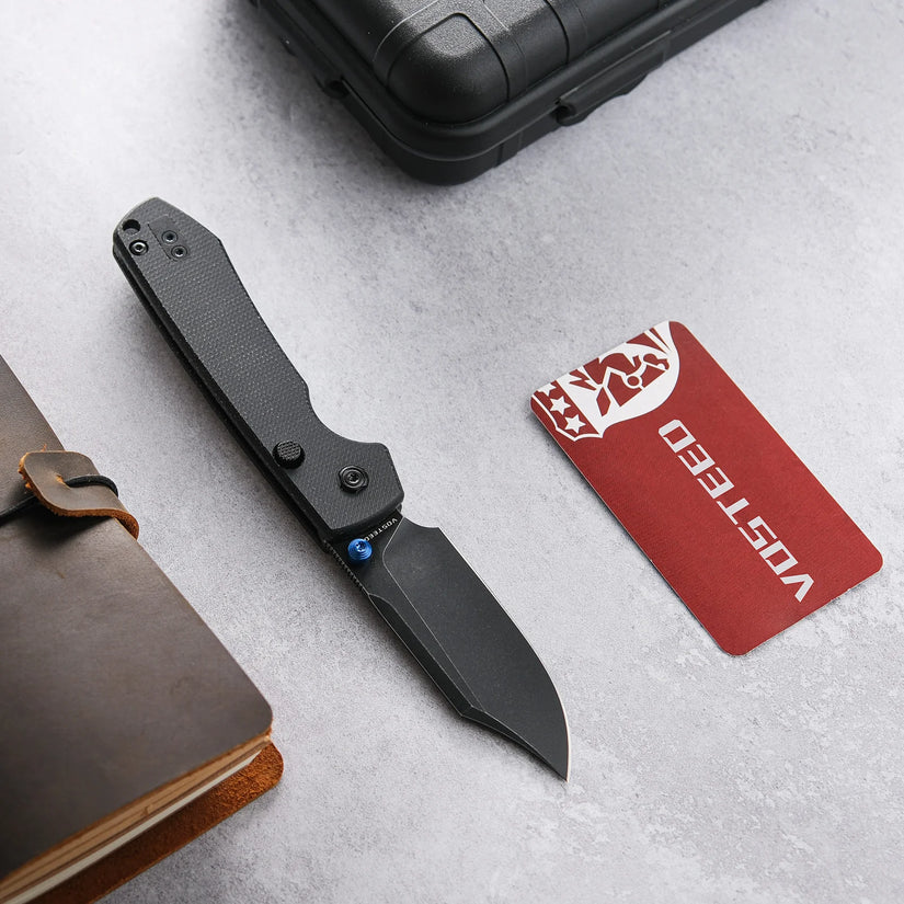Vosteed Raccoon Bowie Top Liner Lock A2910 - 3.25" 14C28N Black Stonewashed Blade, Black Micarta Handle