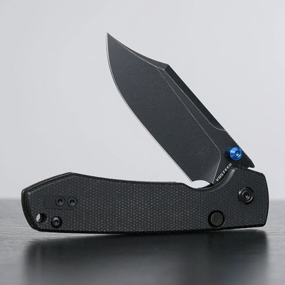 Vosteed Raccoon Bowie Top Liner Lock A2910 - 3.25" 14C28N Black Stonewashed Blade, Black Micarta Handle