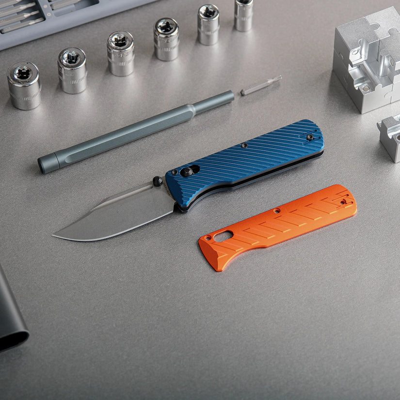 Vosteed Vombat A4103 - 2.92" M390 Stonewash Zulu Blade, Steel Blue Aluminium Handle
