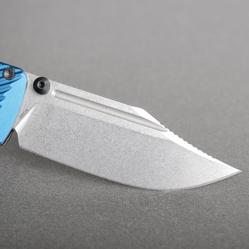 Vosteed Vombat A4108 - 2.92" M390 Stonewash Bowie Blade, Steel Blue Aluminium Handle