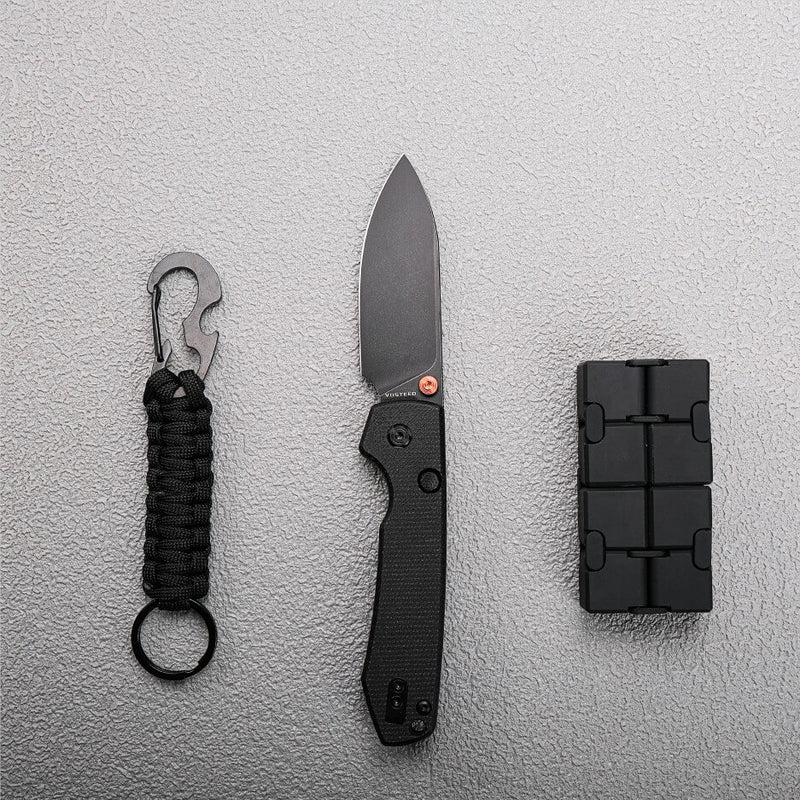 Vosteed Raccoon Top Liner Lock A2902 - 3.25" 14C28N Black Stonewashed Blade, Black Micarta Handle