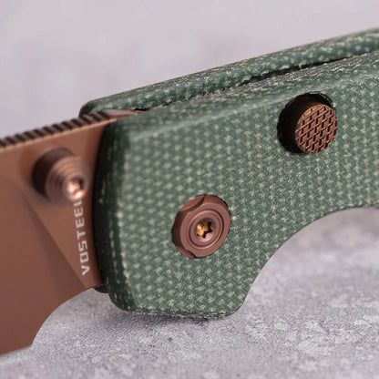 Vosteed Raccoon Top Liner Lock A2907 - 3.25" 14C28N Copper Dune Blade, Green Micarta Handle