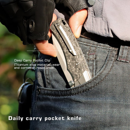 Remette WD107 - 3.28" M390 Sandblasted Blade, Carbon Fibre and Titanium Handle