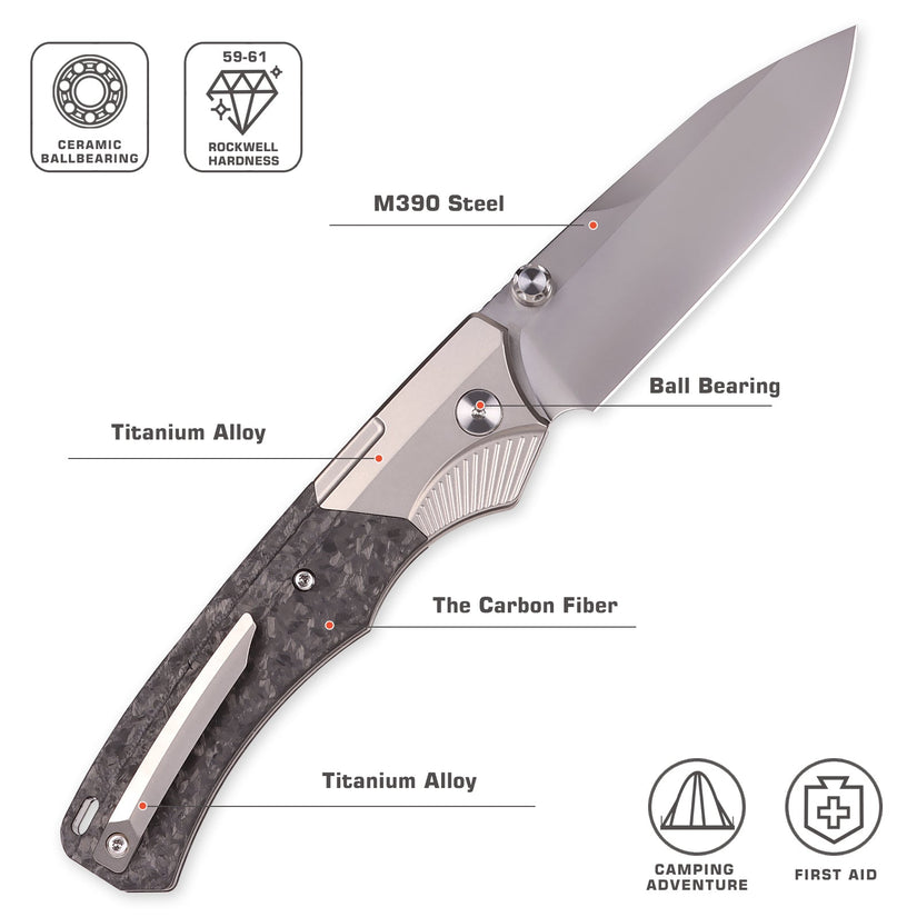 Remette WD107 - 3.28" M390 Sandblasted Blade, Carbon Fibre and Titanium Handle