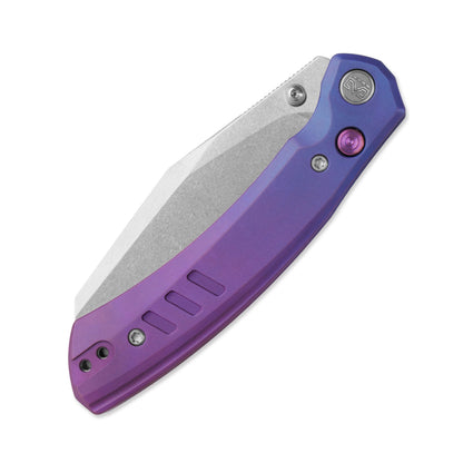 Miguron Karok - 3.4" Stonewashed D2, Anodised Blue/Purple Titanium Handle, Purple Clip