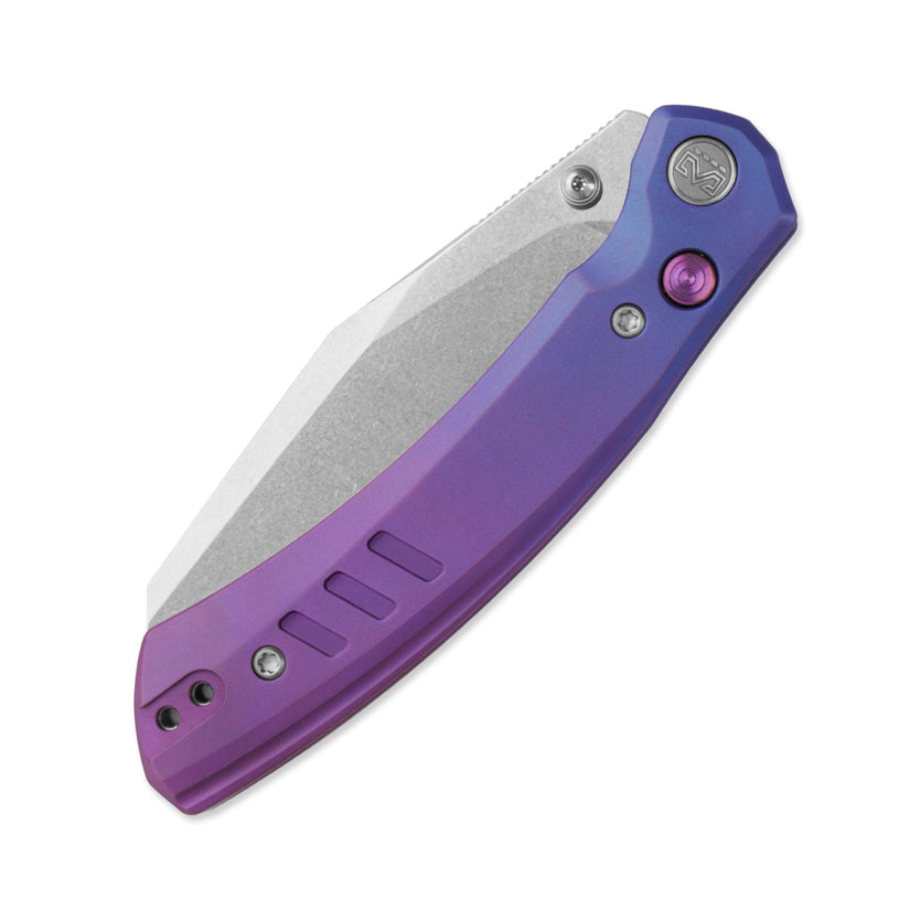 Miguron Karok - 3.4" Stonewashed D2, Anodised Blue/Purple Titanium Handle, Purple Clip