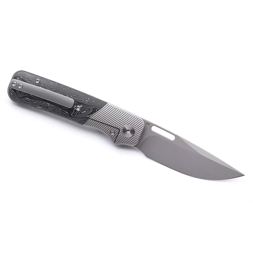 Miguron Ameight Knives Flix II - 3.25" S90V Blade, Silver Carbon Fibre Titanium Handle