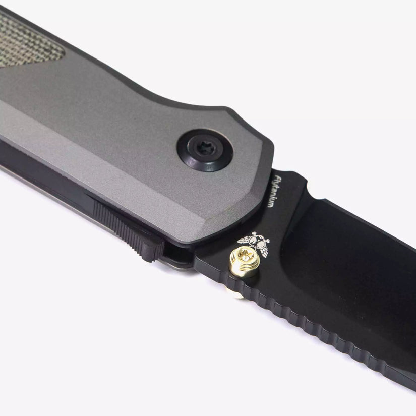 Flytanium Arcade FLY-1256 - 3.2" S35VN Black DLC Drop Point Blade, Gunmetal Aluminium Handles