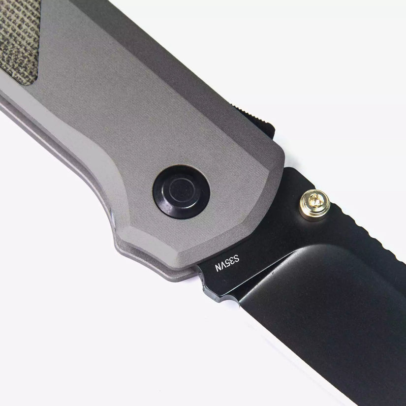 Flytanium Arcade FLY-1256 - 3.2" S35VN Black DLC Drop Point Blade, Gunmetal Aluminium Handles