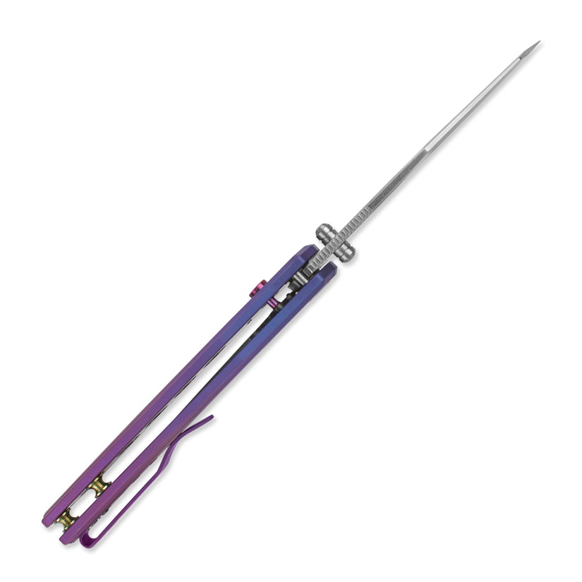 Miguron Karok - 3.4" Stonewashed D2, Anodised Blue/Purple Titanium Handle, Purple Clip