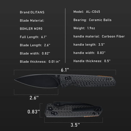 Olitans C045-B - 2.6" M390 Black Blade, Carbon Fibre Handle
