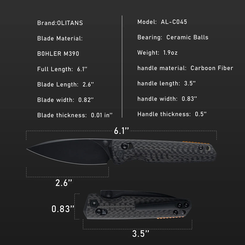 Olitans C045-B - 2.6" M390 Black Blade, Carbon Fibre Handle