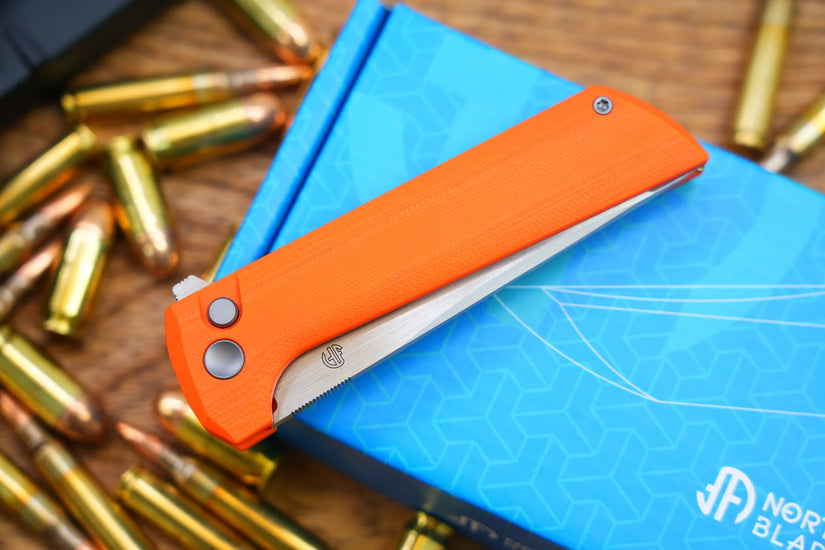 North Mountain Blade Chop 2 G10 - 3.4" SLD-Magic Steel San Mai Tanto Blade, Orange G10 Handle