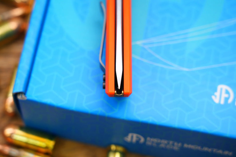 North Mountain Blade Chop 2 G10 - 3.4" SLD-Magic Steel San Mai Tanto Blade, Orange G10 Handle