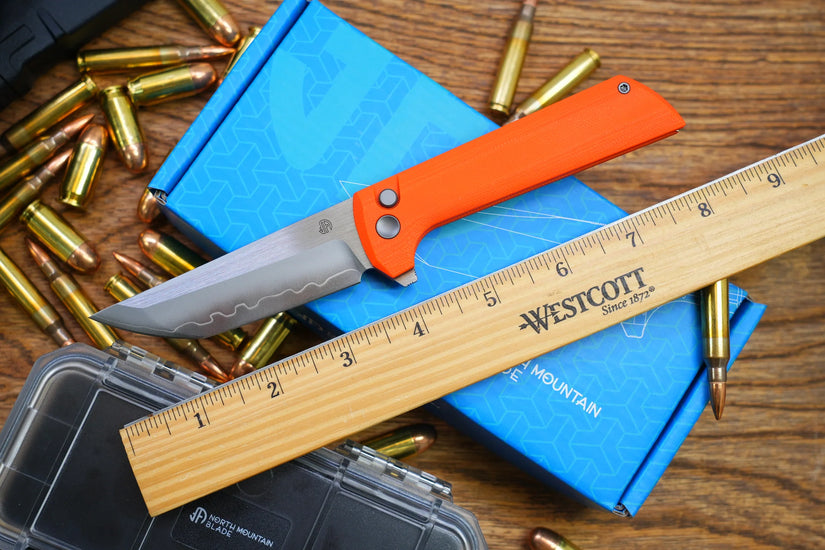 North Mountain Blade Chop 2 G10 - 3.4" SLD-Magic Steel San Mai Tanto Blade, Orange G10 Handle