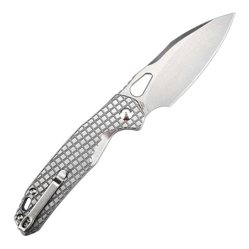 CJRB Frack Frag - 3.9" AR-RPM9 Stonewashed Drop Point Blade, Grey Frag Steel Handles - J1931FST