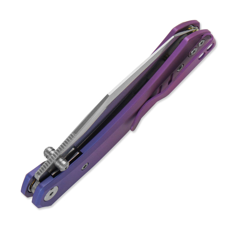 Miguron Karok - 3.4" Stonewashed D2, Anodised Blue/Purple Titanium Handle, Purple Clip