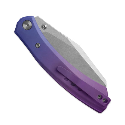 Miguron Karok - 3.4" Stonewashed D2, Anodised Blue/Purple Titanium Handle, Purple Clip