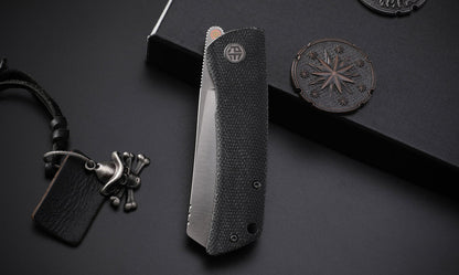 Petrified Fish Flavorist PFE05DMP - 3.15" K110 Satin Cleaver Blade, Black Micarta Handle, Front Flipper