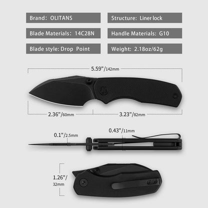 Olitans G057-BB - 2.36" 14C28N Black Stonewashed Blade, Black G10 Handle