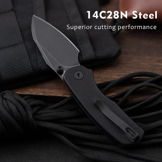 Olitans G057-BB - 2.36" 14C28N Black Stonewashed Blade, Black G10 Handle