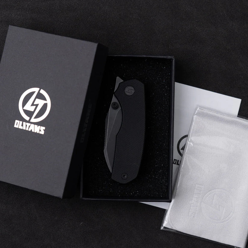 Olitans G057-BB - 2.36" 14C28N Black Stonewashed Blade, Black G10 Handle