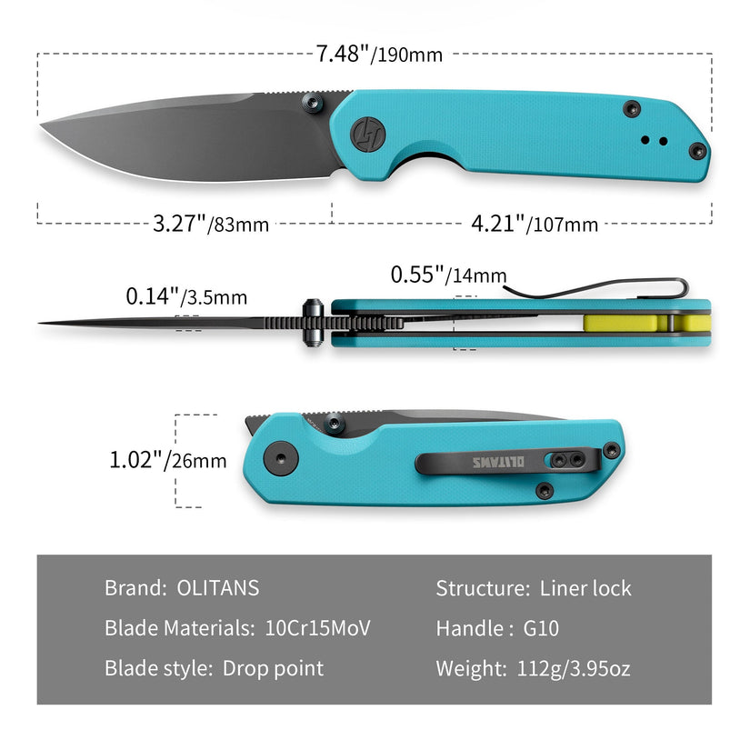 Olitans Lemon Shark G071 - 3.27" 10Cr15Mov Grey PVD Blade, Blue G10 Handle