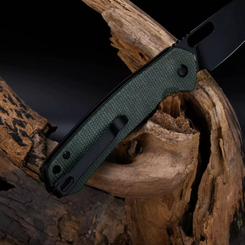 CJRB Pyrite Wharncliffe Green Micarta - 3.11" AR-RPM9 Black Wharncliffe Blade, Green Micarta Handles - J1925ABMGN