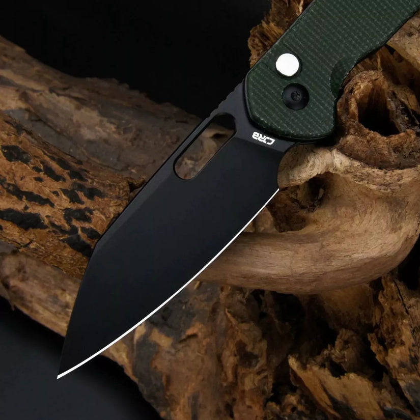 CJRB Pyrite Wharncliffe Green Micarta - 3.11" AR-RPM9 Black Wharncliffe Blade, Green Micarta Handles - J1925ABMGN