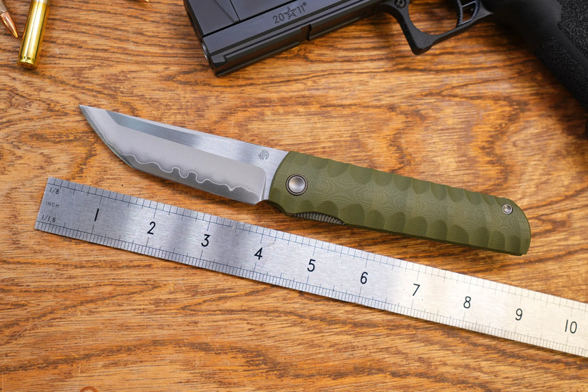 North Mountain Blade Kick Stop Chop Plus - 4" SLD-Magic Steel San Mai Tanto Blade, Green G10 Handle