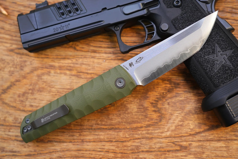 North Mountain Blade Kick Stop Chop Plus - 4" SLD-Magic Steel San Mai Tanto Blade, Green G10 Handle
