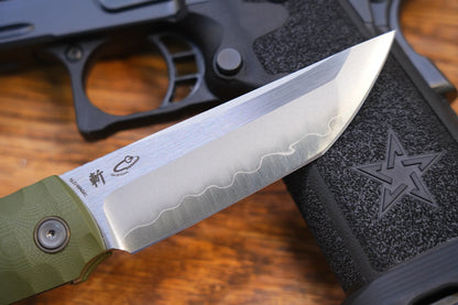North Mountain Blade Kick Stop Chop Plus - 4" SLD-Magic Steel San Mai Tanto Blade, Green G10 Handle