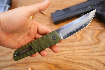 North Mountain Blade Kick Stop Chop Plus - 4" SLD-Magic Steel San Mai Tanto Blade, Green G10 Handle