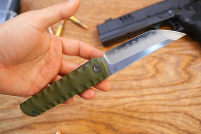 North Mountain Blade Kick Stop Chop Plus - 4" SLD-Magic Steel San Mai Tanto Blade, Green G10 Handle