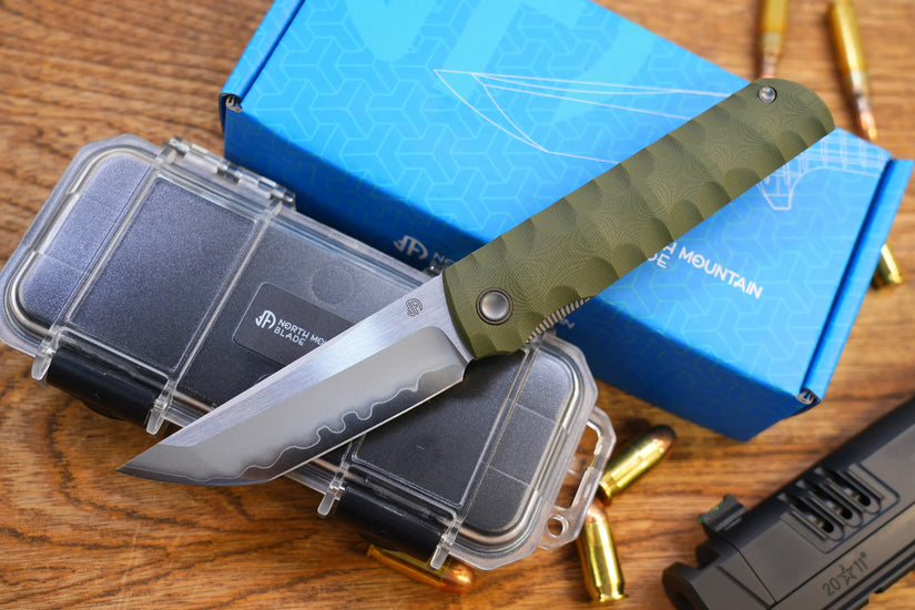 North Mountain Blade Kick Stop Chop Plus - 4" SLD-Magic Steel San Mai Tanto Blade, Green G10 Handle