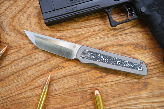 North Mountain Blade Chop Kick Stop Ti - 3.5" M390 Tanto Blade, Titanium with Ceramic Carbon Fibre Inlay Handle