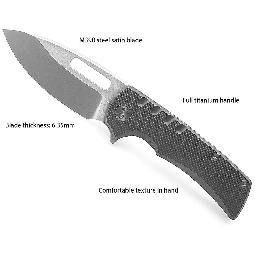 Miguron Knives Arma II - 3.75" M390 Satin Blade, Dark Grey Titanium Handle