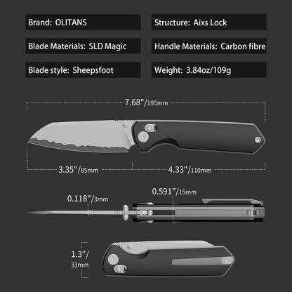 Olitans Emperor Penguin M060-B - 3.35" SLD-Magic Blade, Blue Carbon Fibre Handle