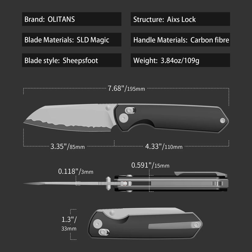 Olitans Emperor Penguin M060-B - 3.35" SLD-Magic Blade, Blue Carbon Fibre Handle