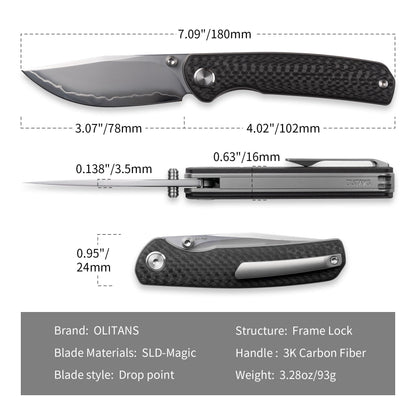 Olitans Gecko M070 - 3.07" SLD-Magic Blade, 3K Carbon Fibre Handle