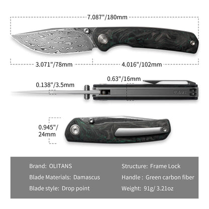 Olitans Gecko M070 - 3.07" Damascus Blade, Green Carbon Fibre Handle