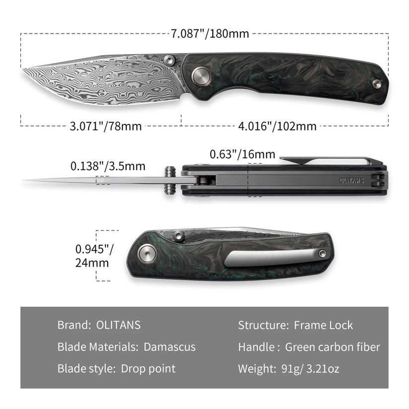 Olitans Gecko M070 - 3.07" Damascus Blade, Green Carbon Fibre Handle