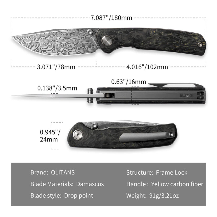 Olitans Gecko M070 - 3.07" Damascus Blade, Yellow Carbon Fibre Handle