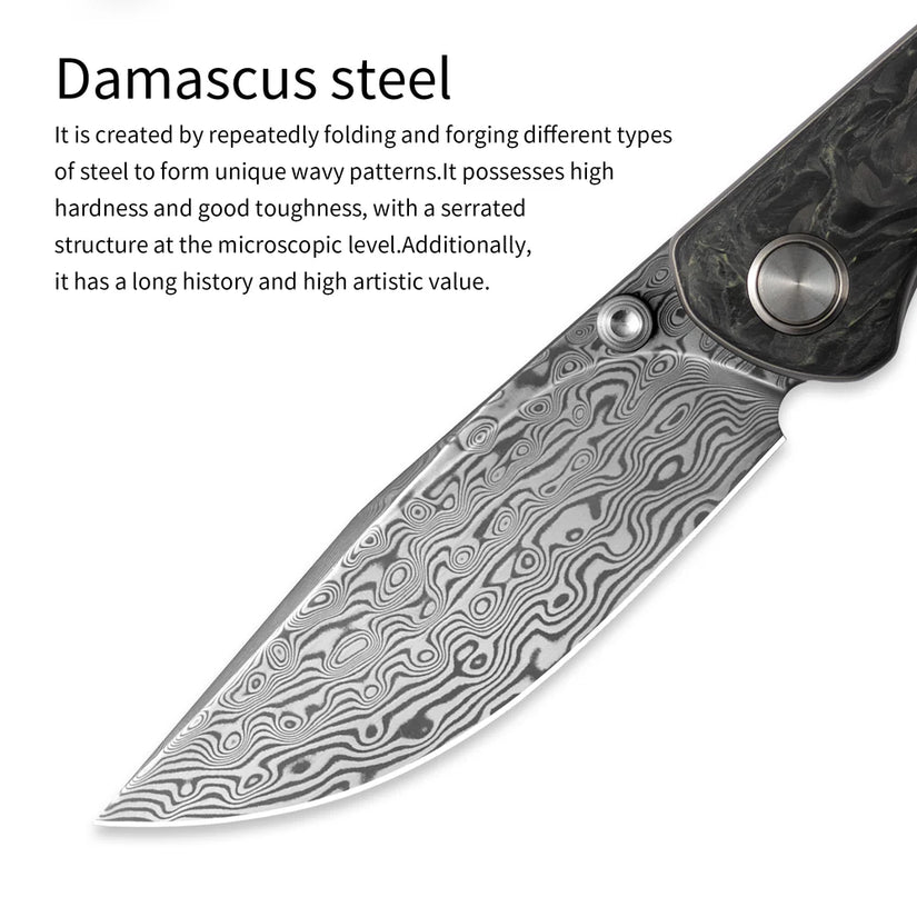 Olitans Gecko M070 - 3.07" Damascus Blade, Yellow Carbon Fibre Handle