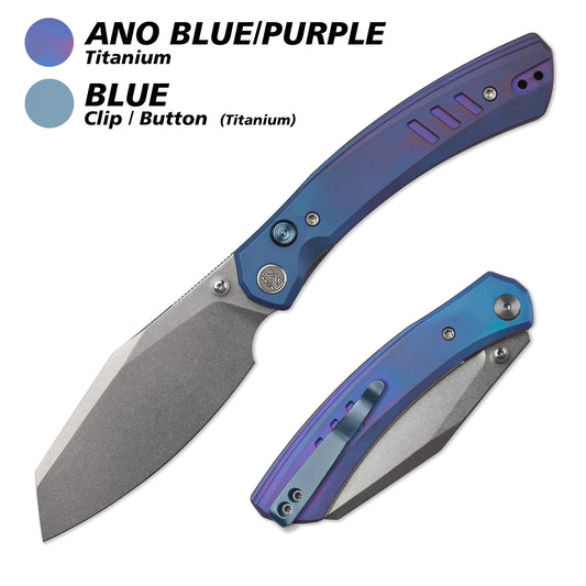 Miguron Karok - 3.4" Stonewashed D2, Anodised Blue/Purple Titanium Handle, Blue Clip