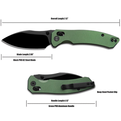Miguron Norsa - 2.99" D2 Black PVD Blade, Green Aluminium Handle