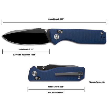 Miguron Vane II - 3.25" M390 DLC Satin Blade, Blue Micarta Handle