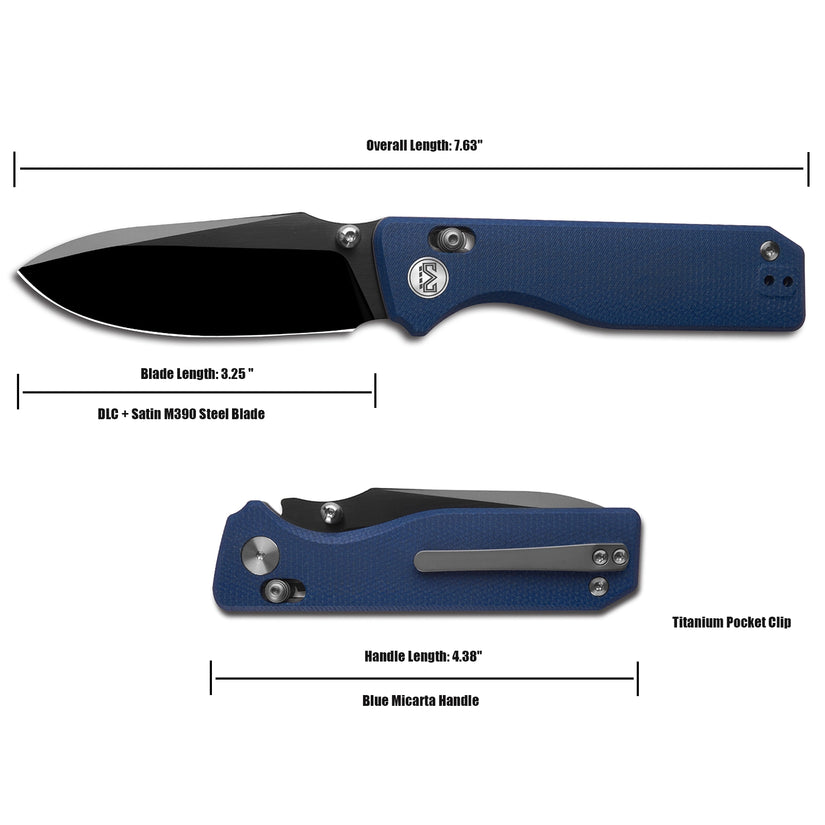Miguron Vane II - 3.25" M390 DLC Satin Blade, Blue Micarta Handle