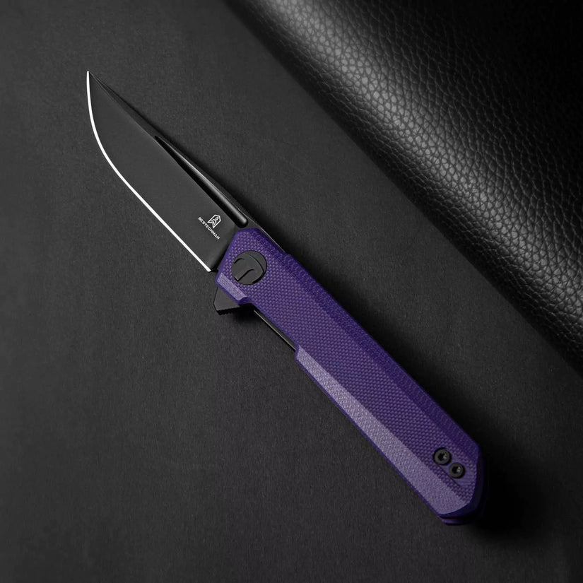 Bestechman Mini Dundee BMK03J - 2.92" D2 Black DLC Blade, Purple G10, Flipper